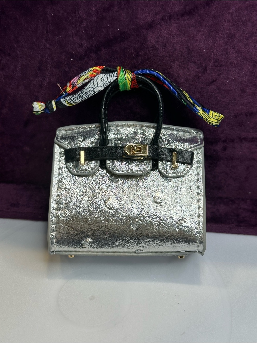 Mini Silver Metallic Bag Charm Ostrich Embossed Gold Hardware w/ Twilly Scarf